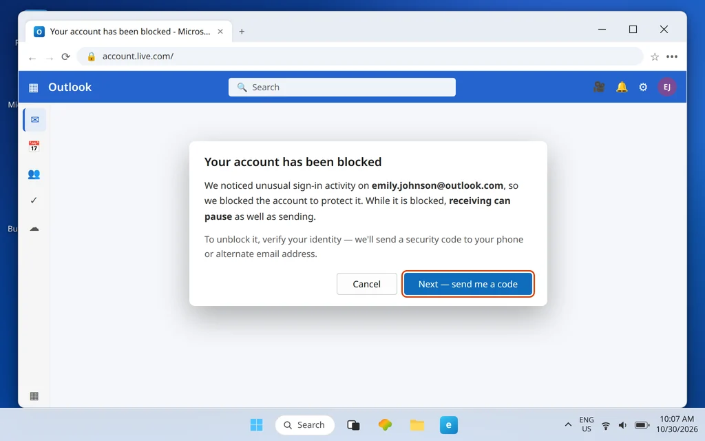 Microsoft your account has been blocked screen with the option to verify identity and unblock the account