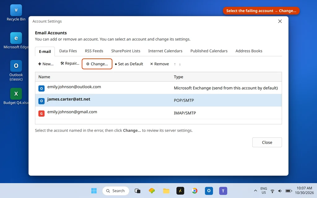 Account Settings dialog in Outlook with the POP account selected and Change highlighted