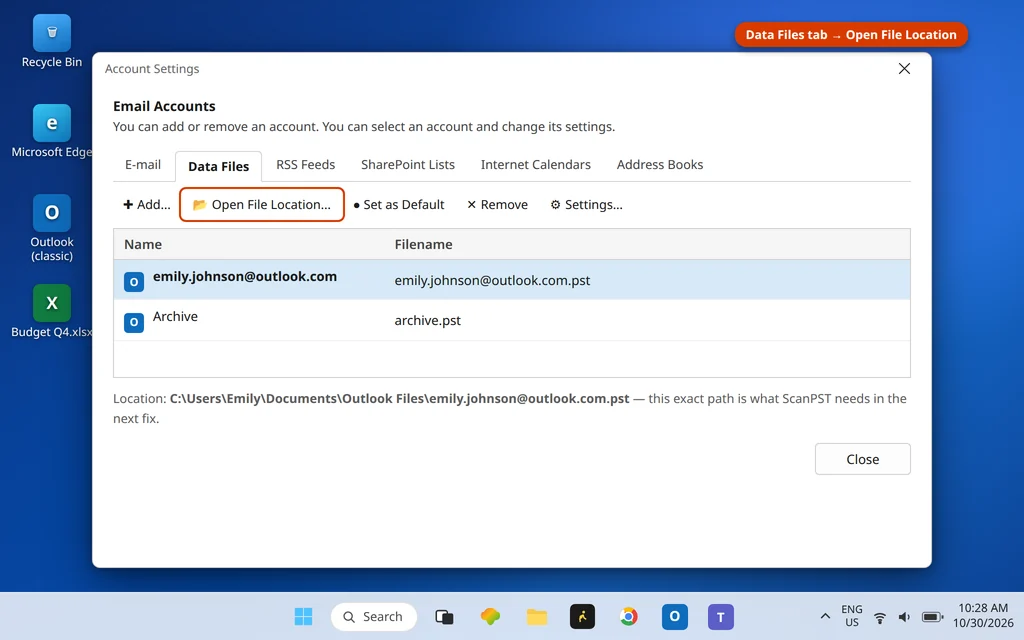 Account Settings Data Files tab in Outlook showing the default PST file and its location