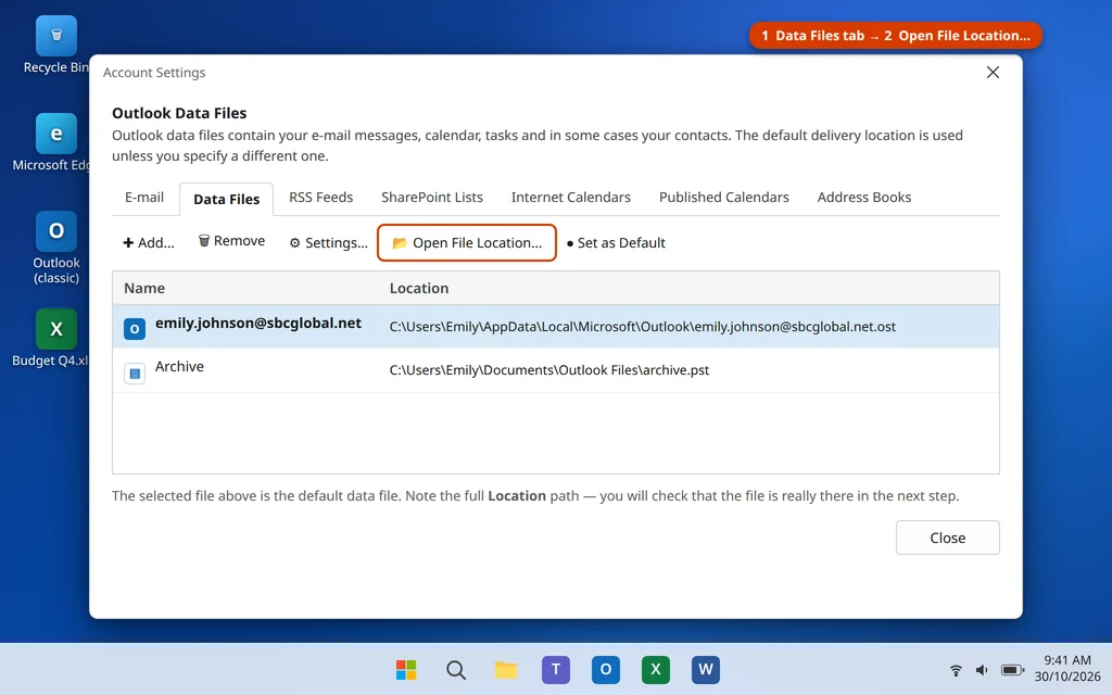 Account Settings Data Files tab in Outlook showing the data file location and Open File Location button