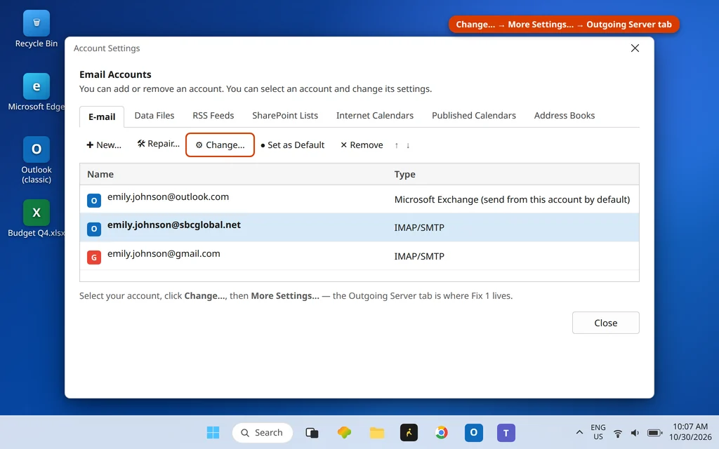 Account Settings dialog in Outlook with the account selected and Change highlighted