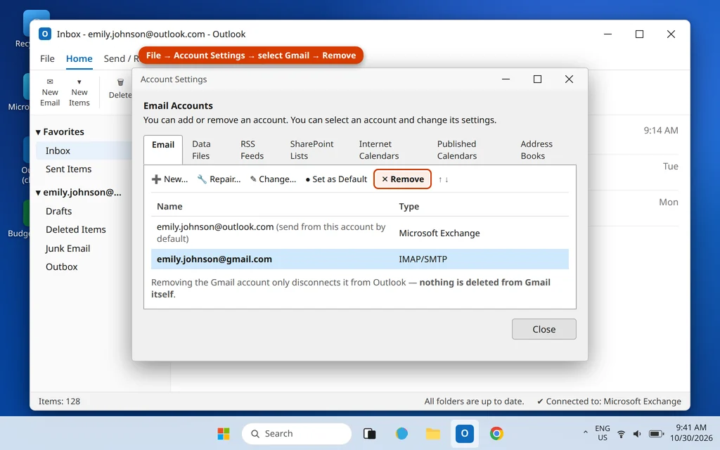Account Settings Email tab with the Gmail account selected and Remove highlighted