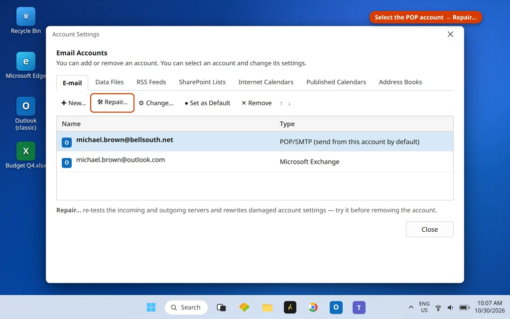 Outlook Account Settings with the POP3 account selected and Repair highlighted