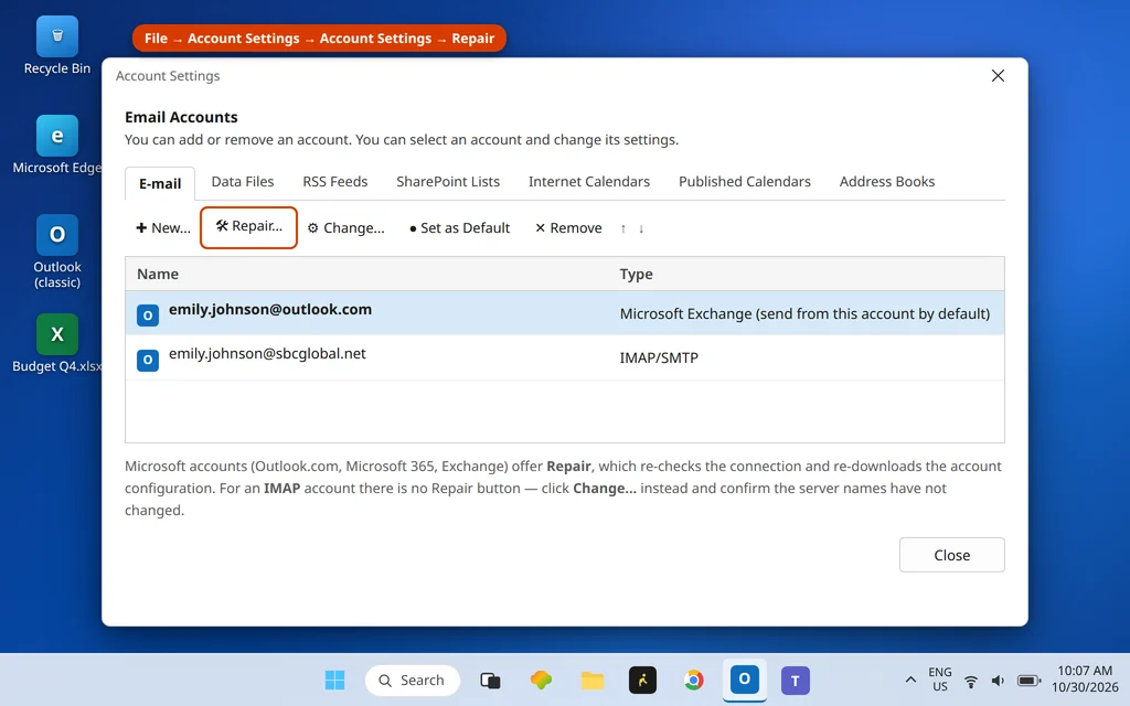 Account Settings dialog in Outlook with the Exchange account selected and Repair highlighted