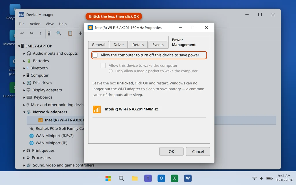 Power Management tab of the WiFi adapter with Allow the computer to turn off this device unchecked