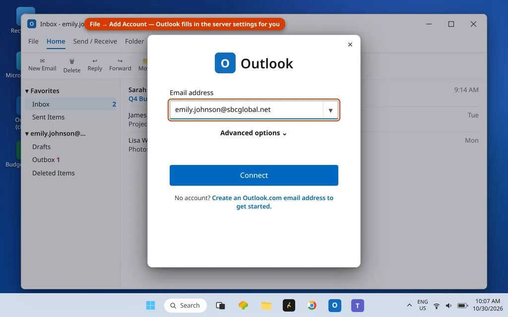 Add Account dialog in Outlook with the email address entered and the Connect button