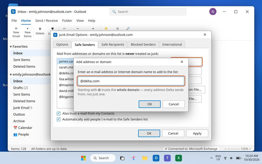 Add address or domain dialog in Outlook with a whole domain typed in so all mail from that sender is trusted