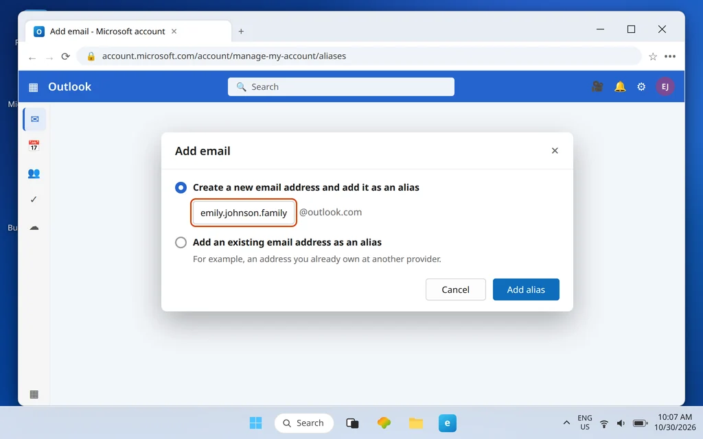 Add email dialog with Create a new email address selected and a new outlook.com alias address typed in
