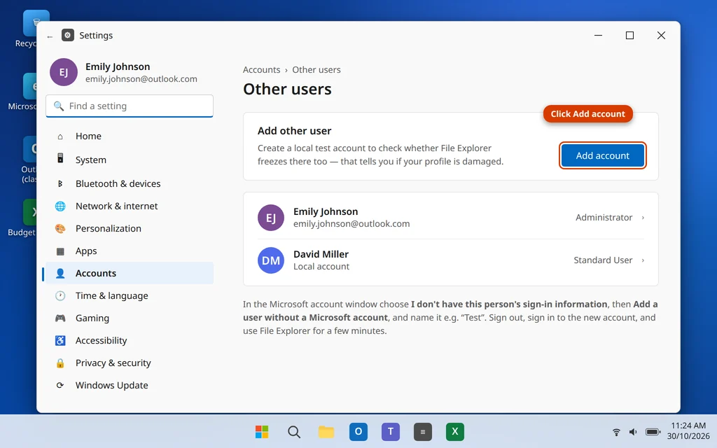 Add a new user account in Windows 11 Settings to test File Explorer