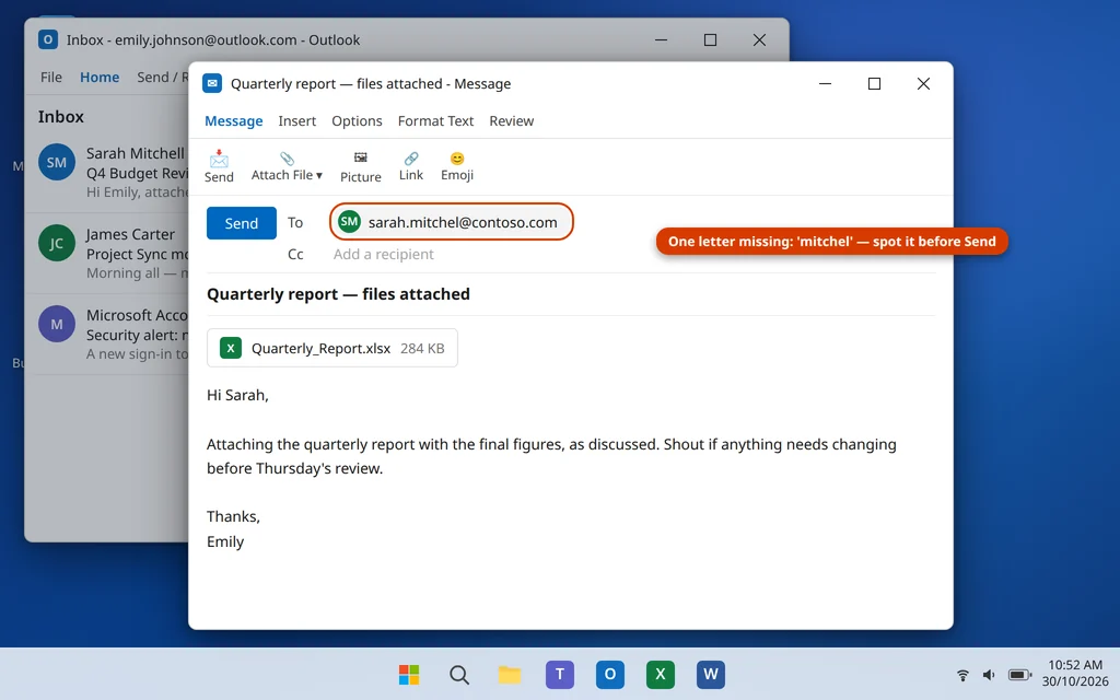 New email in Outlook with a misspelled recipient email address highlighted in the To field