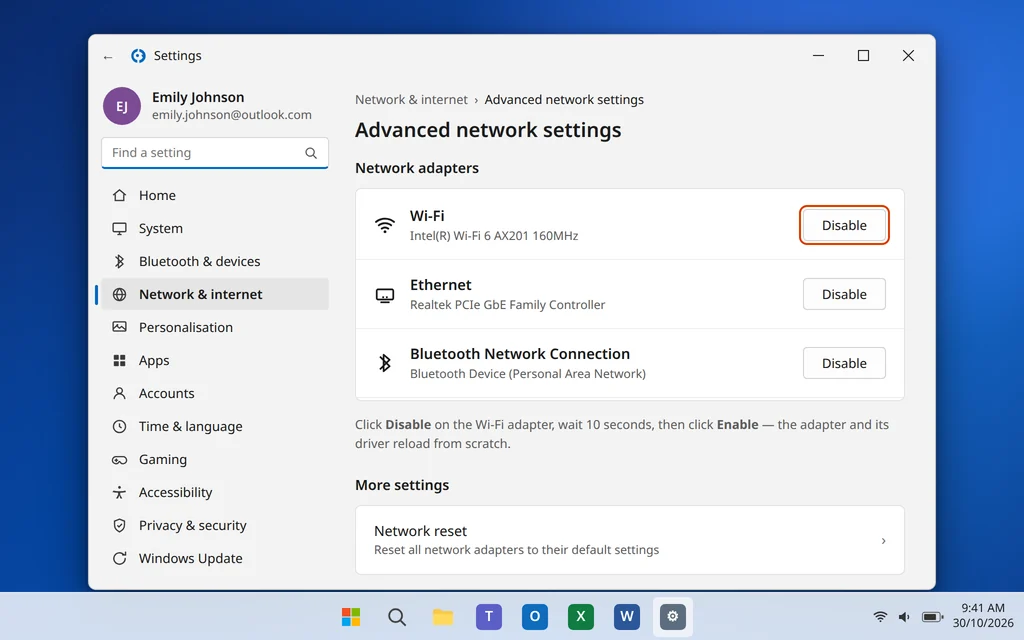 Disable and enable the Wi-Fi adapter in Advanced network settings in Windows 11