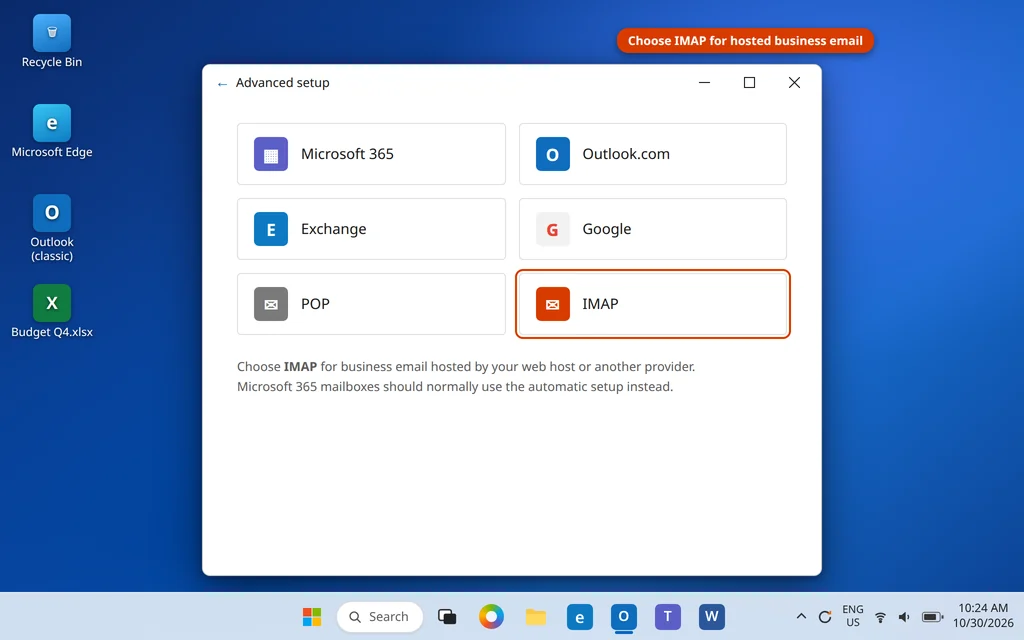Advanced setup screen in Outlook with account types including Microsoft 365, Exchange, POP and IMAP