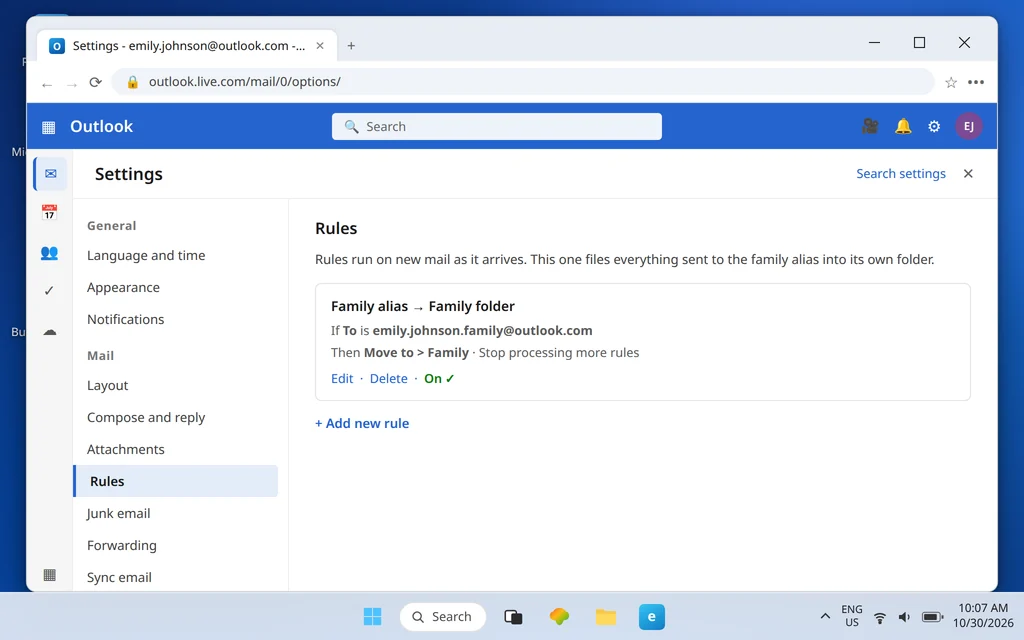 Outlook.com Rules settings with a rule that moves mail sent to the family alias into a Family folder