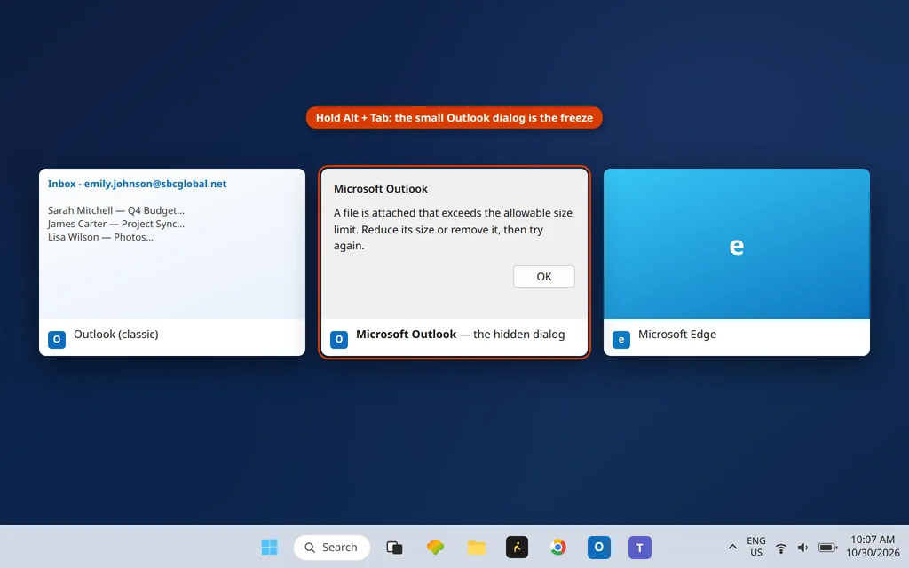 Alt Tab window switcher revealing a small Outlook dialog box hidden behind the main window