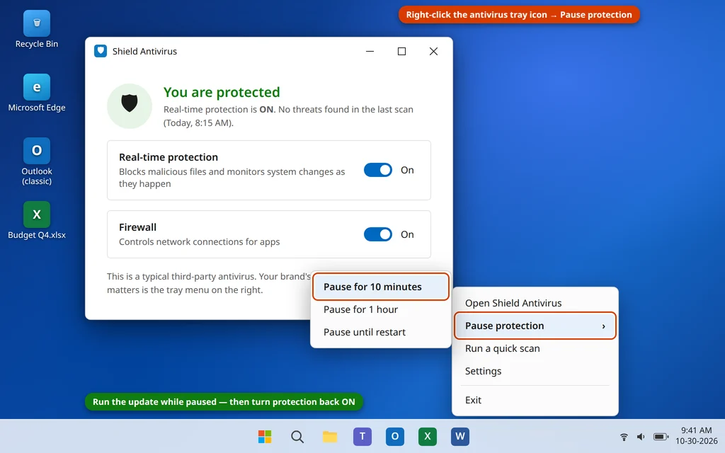A third-party antivirus paused for 10 minutes from its system tray menu so Windows Update can install