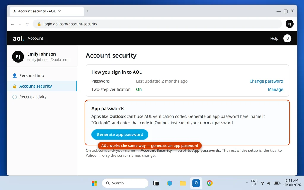 AOL Account Security page with the App passwords section and Generate app password button