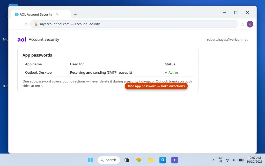AOL Account Security page showing the app password used by Outlook for both receiving and sending Verizon email