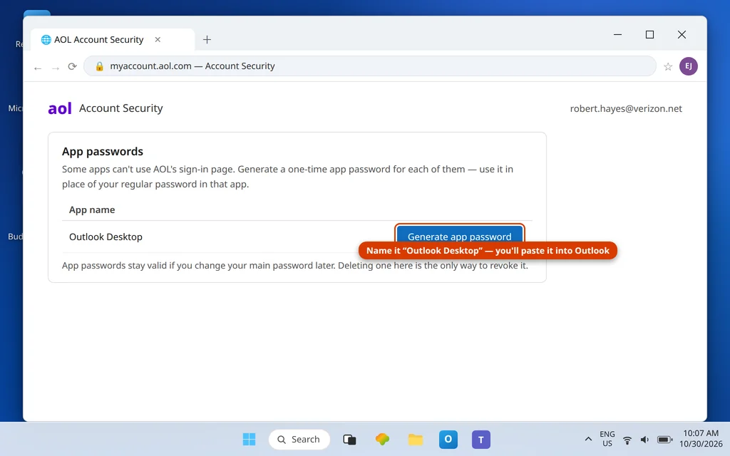 AOL Account Security page showing the Generate app password option used to create a password for Outlook Desktop