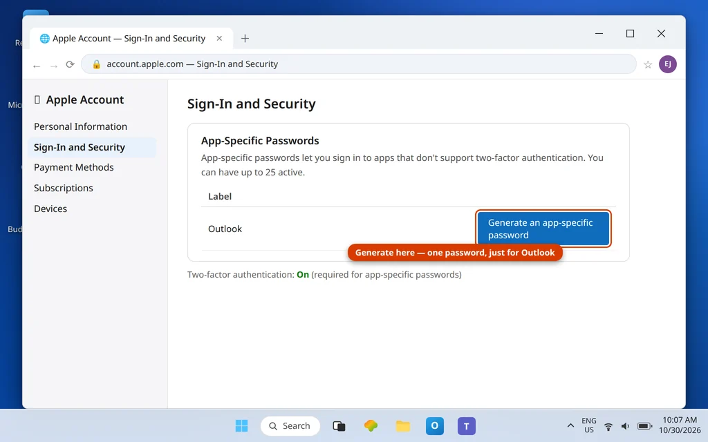 Apple Account website Sign-In and Security page showing App-Specific Passwords where a password for Outlook is generated