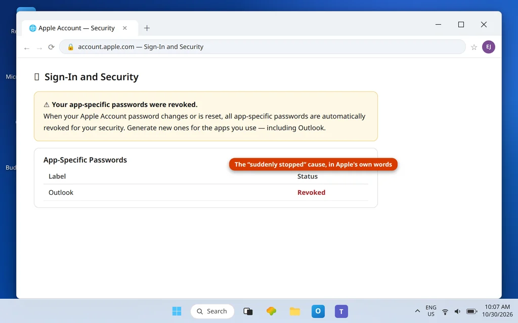 Apple Account security page noting that app-specific passwords are revoked when the Apple Account password changes so a new one must be generated for Outlook