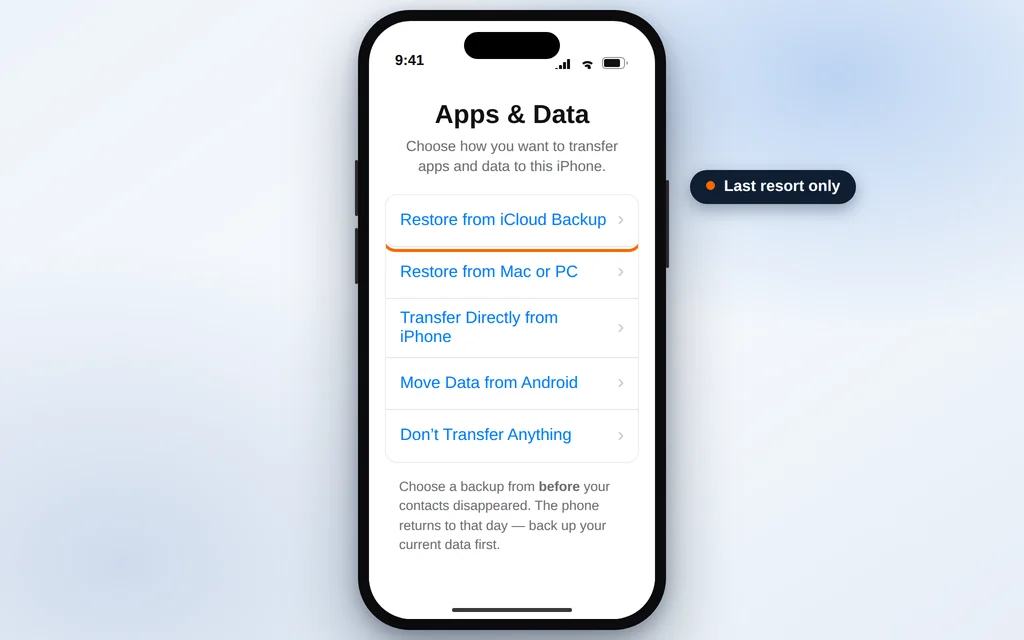 Apps and Data setup screen on iPhone with Restore from iCloud Backup highlighted