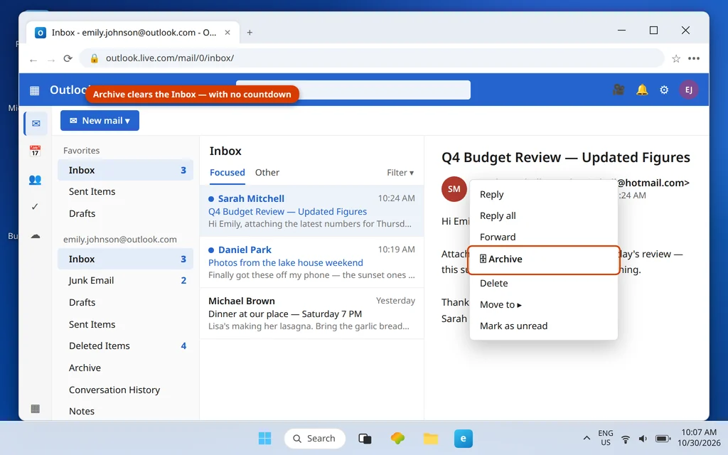 Outlook.com message right-click menu with Archive highlighted as the safer alternative to deleting