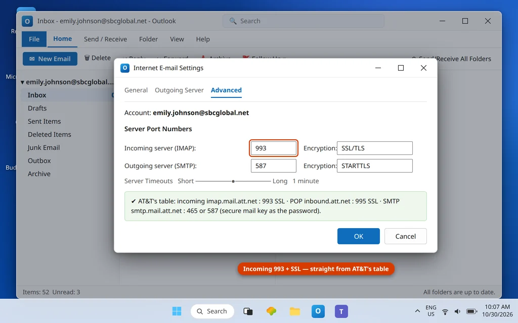 Outlook advanced account settings showing the AT&T incoming server imap.mail.att.net on port 993 with SSL encryption selected