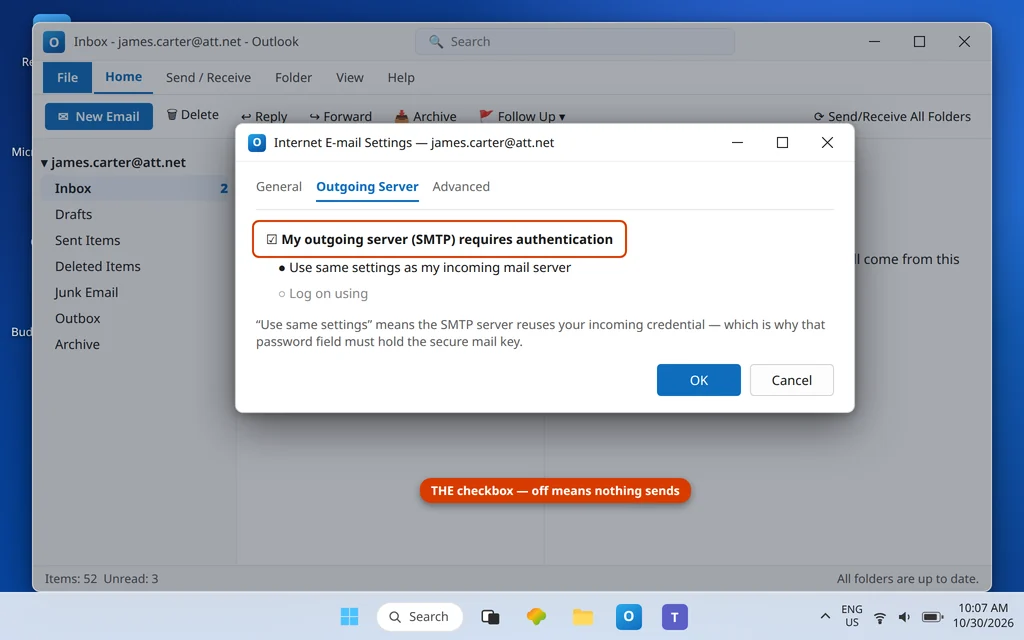 Outlook More Settings Outgoing Server tab with My outgoing server requires authentication ticked and Use same settings as my incoming mail server selected