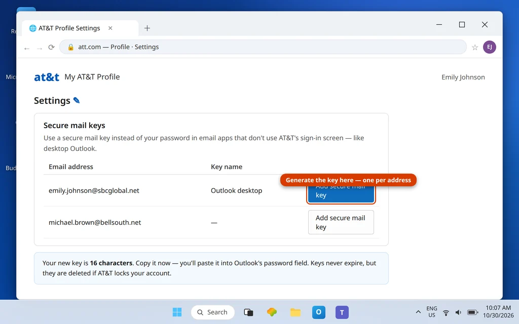 AT&T profile settings page showing the Add secure mail key option that generates a 16-character key for email apps like Outlook