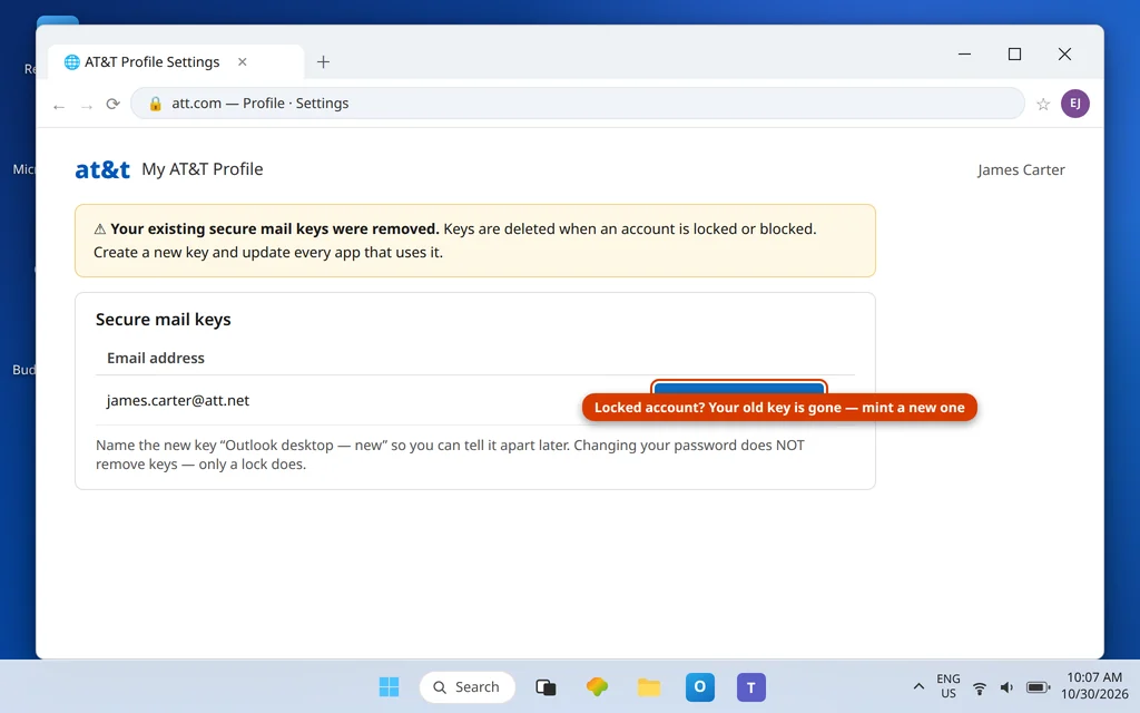 AT&T profile settings page for generating a fresh secure mail key after the previous key stopped working