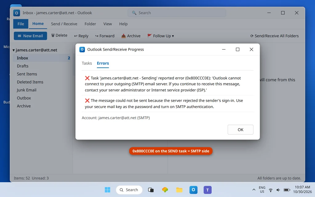 Outlook Send Receive progress dialog showing the 0x800CCC0E send error for the AT&T account before the SMTP fix
