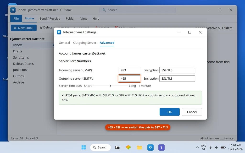 Outlook Advanced settings tab showing the AT&T outgoing server smtp.mail.att.net on port 465 with SSL encryption