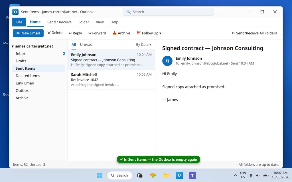 Classic Outlook Sent Items showing the test message successfully sent from the att.net account after the SMTP fix