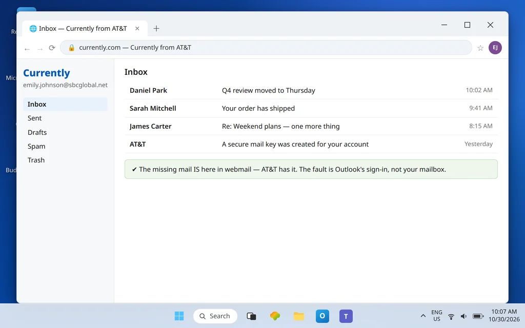 Currently from AT&T webmail inbox showing the new messages are present on AT&T's side confirming the fault is the Outlook sign-in