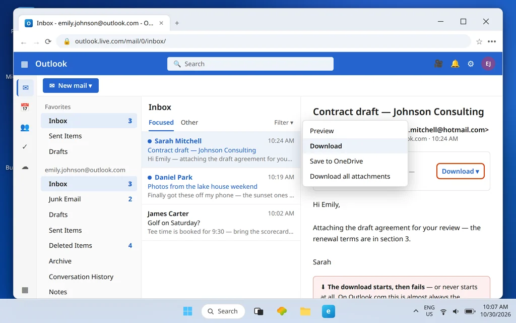 Outlook.com reading pane showing an attachment whose download failed, with the Download menu open