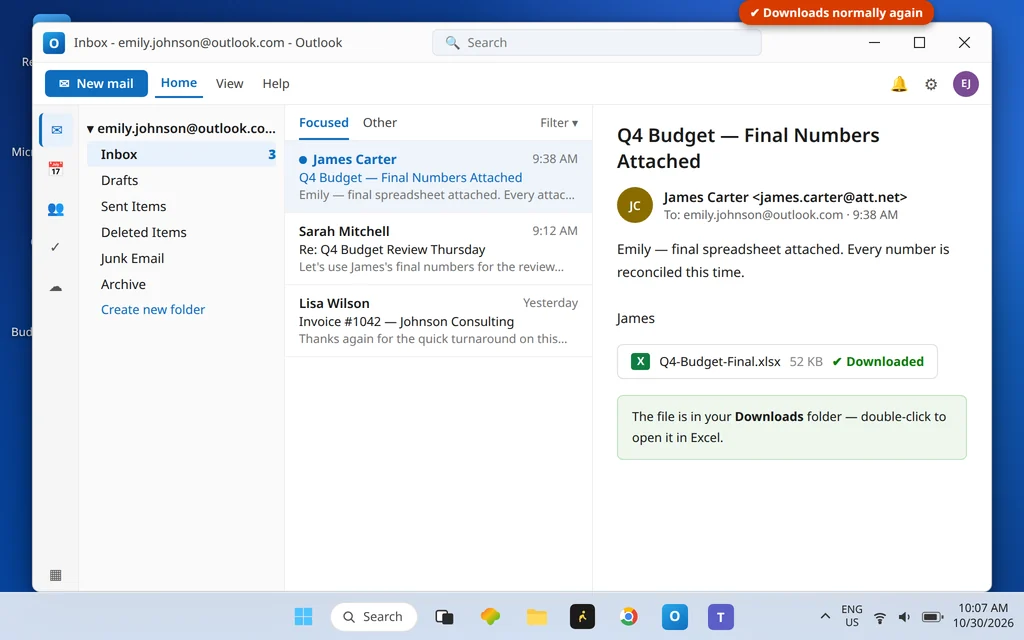 Attachment downloaded and opened successfully in the new Outlook after recreating the Attachments folder
