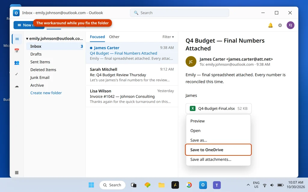 Attachment dropdown menu in the new Outlook with Save to OneDrive highlighted