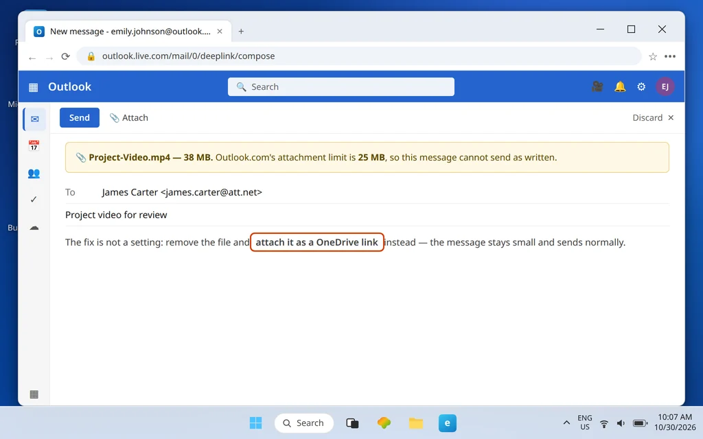 Outlook.com compose window warning that a 38 MB attachment exceeds the 25 MB limit and should be sent as a OneDrive link