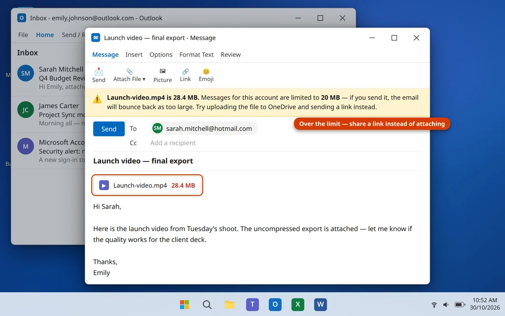 Outlook compose window with a large video attachment and a warning that the attachment exceeds the size limit
