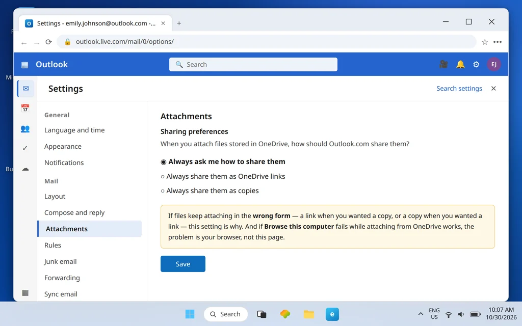 Outlook.com Settings Mail Attachments page showing the sharing preference for OneDrive files