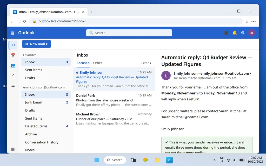 The automatic reply a sender receives from an Outlook.com account — Automatic reply with the out of office dates and alternate contact, sent once per sender