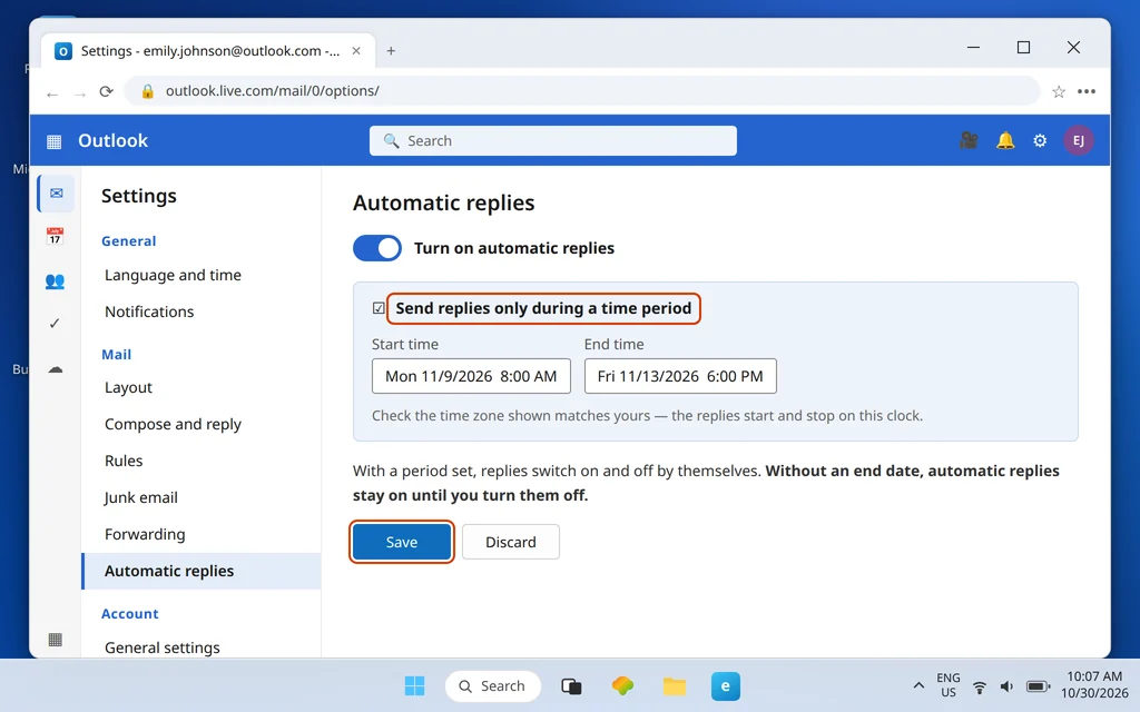 Outlook.com automatic replies Send replies only during a time period ticked, with start time Monday November 9 2026 and end time Friday November 13 2026