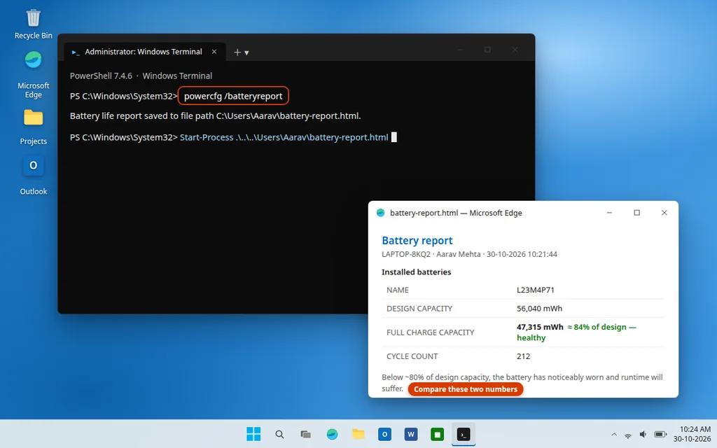 Running powercfg batteryreport command in Windows Terminal to generate a battery health report
