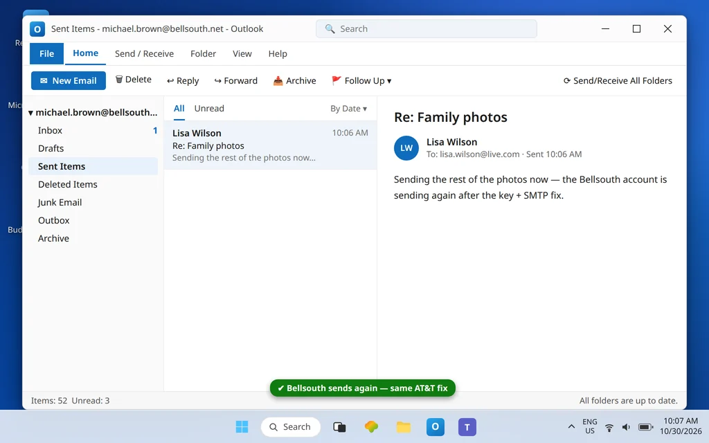 Classic Outlook showing a bellsouth.net account sending successfully with the Outbox empty and the status bar up to date