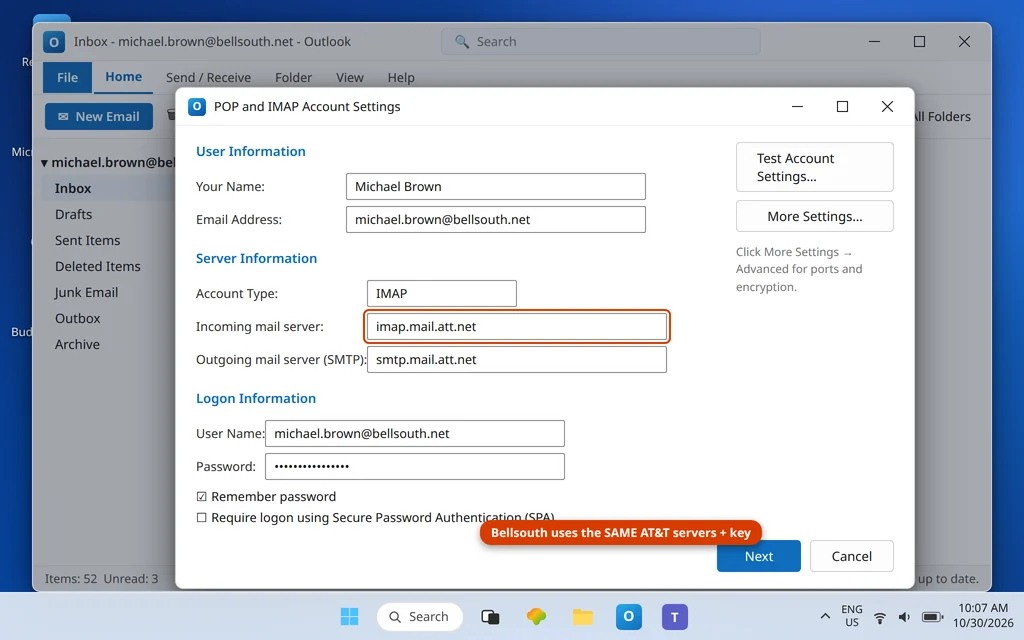 Outlook account settings for a bellsouth.net account corrected to the AT&T server table with the secure mail key in the password field