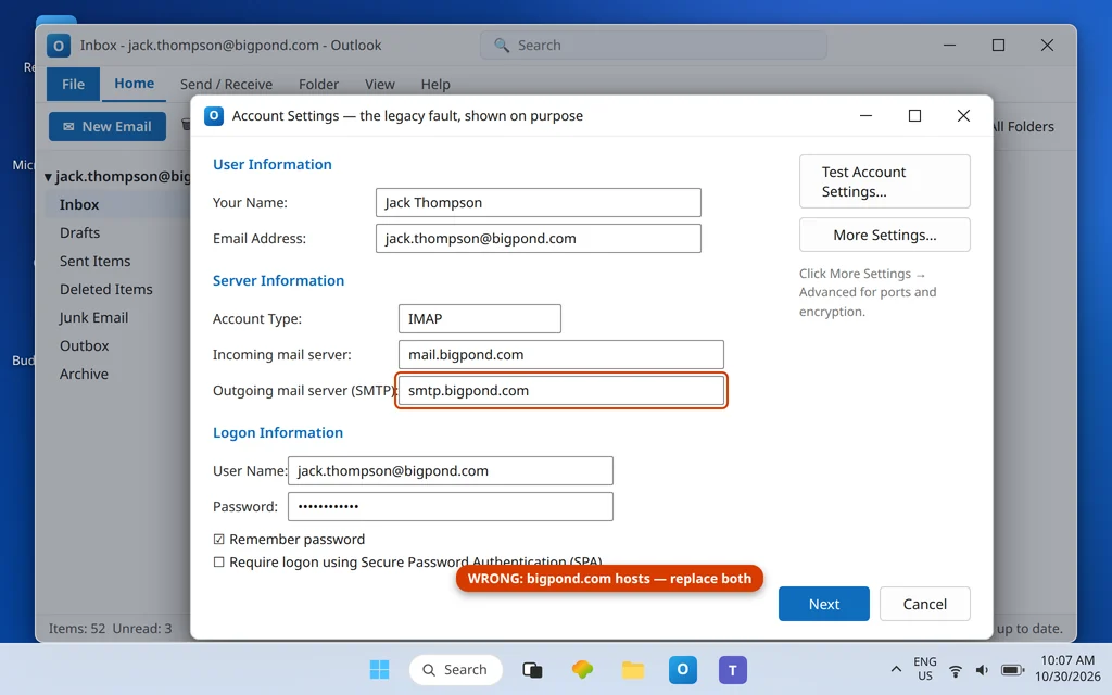 Outlook account settings still showing the legacy smtp.bigpond.com outgoing server that causes BigPond sending failures