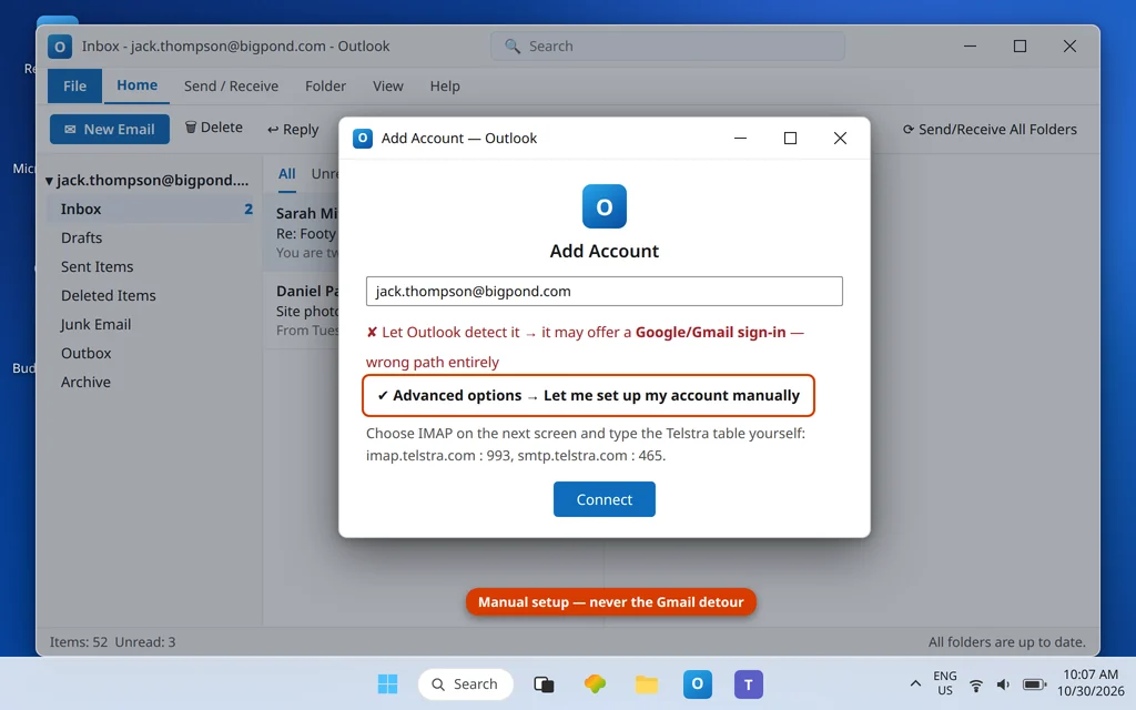 Outlook Add Account advanced options with Let me set up my account manually selected to avoid BigPond being misdetected as Gmail