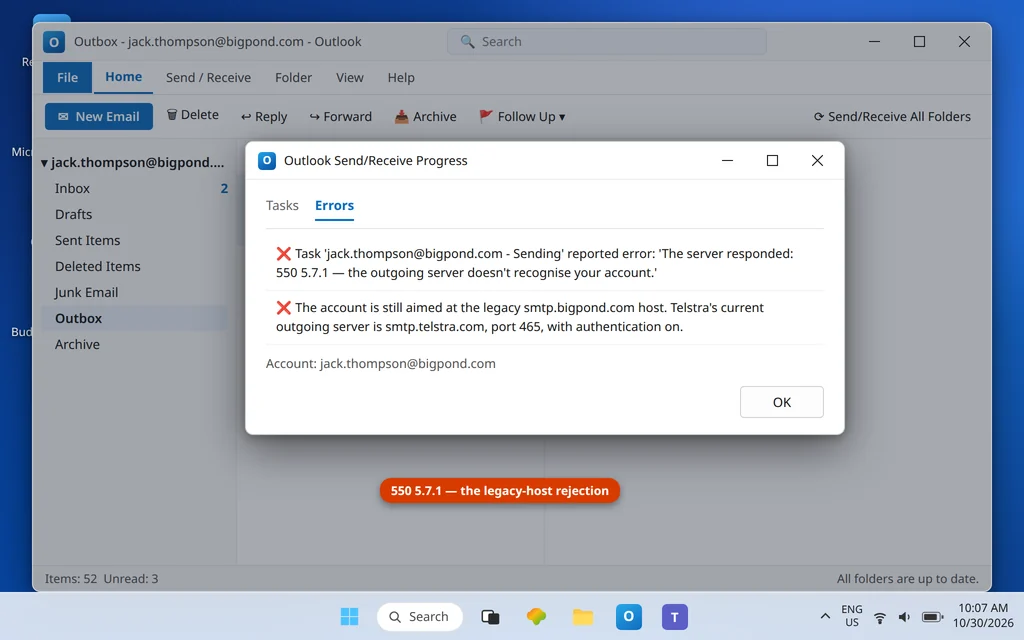 Classic Outlook with a message stuck in the Outbox of a bigpond.com account and the 550 5.7.1 send rejection