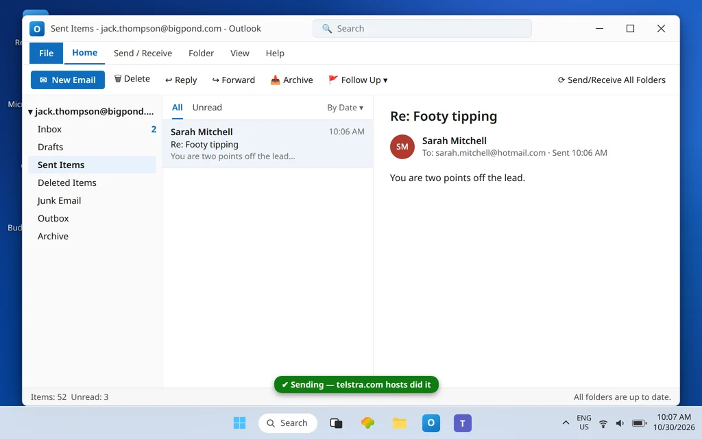 Classic Outlook Sent Items showing the test message sent from the bigpond.com account after switching to the Telstra servers