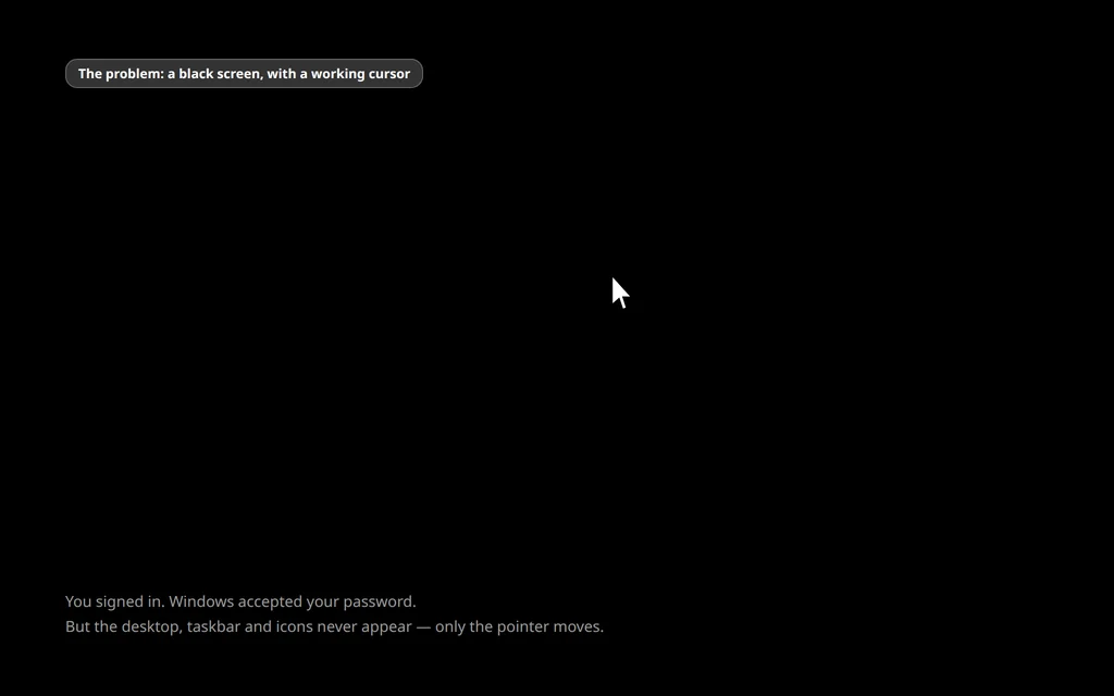The black screen Windows 11 after login problem - a blank screen with only the mouse cursor visible